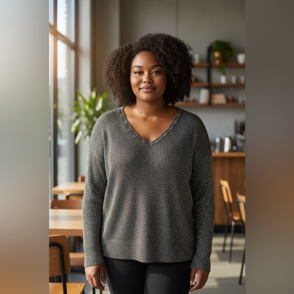 Signature Studio Gray V-Neck Sweater Classic Knit